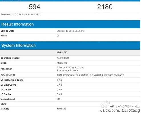 O Meizu M5 foi mediano em seu teste de benchmark, os seus resultados são similares aos de outros intermediários.. (Foto: Divulgação/GeekBench)