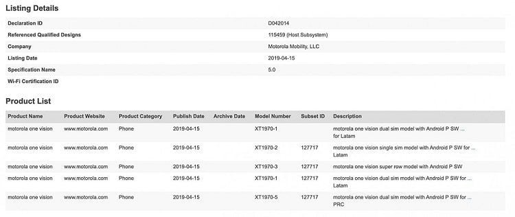 Motorola One Vision listado em certificação Bluetooth com quatro variantes. 