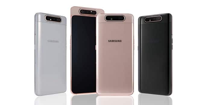 O Galaxy A80 conta com três câmeras traseiras em um mecanismo retrátil giratório, que permite que os sensores sejam usados na parte frontal.