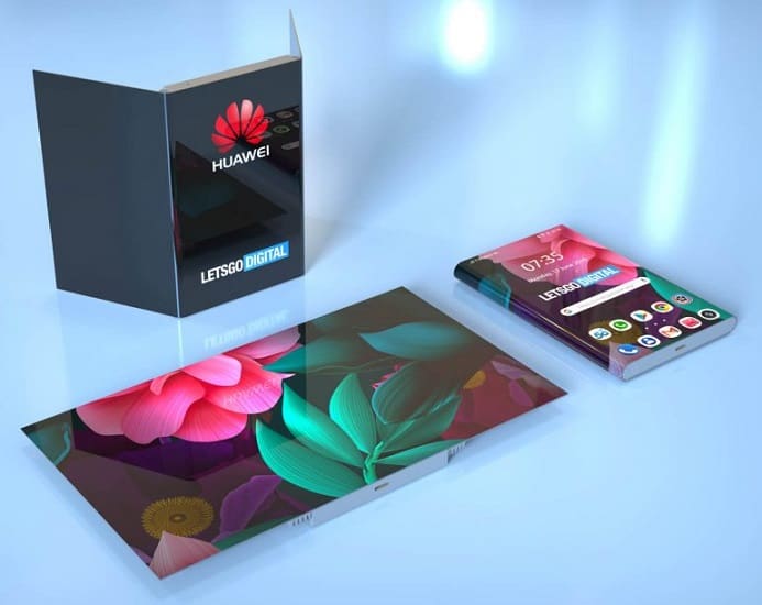 Renderização 3D da nova patente de smartphone dobrável da Huawei. 