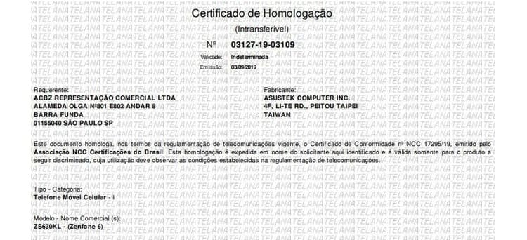 Zenfone 6 certificação Anatel.