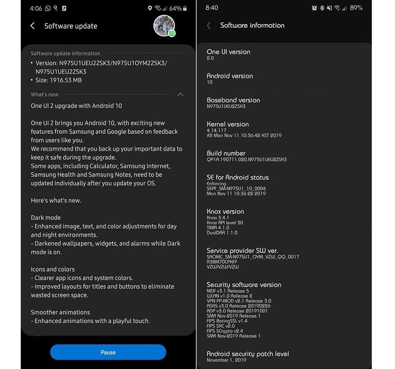 Captura de tela da atualização beta do Android 10 com a One UI 2.0 no Samsung Galaxy Note 10.