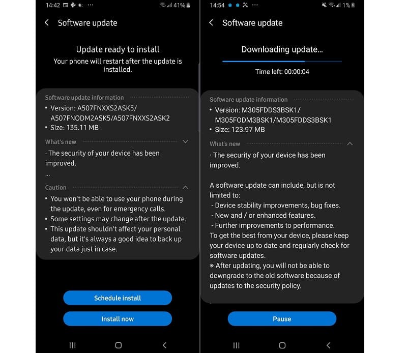 Captura de tela da atualização de dezembro de 2019 para os Samsung Galaxy A50, A50s e M30.