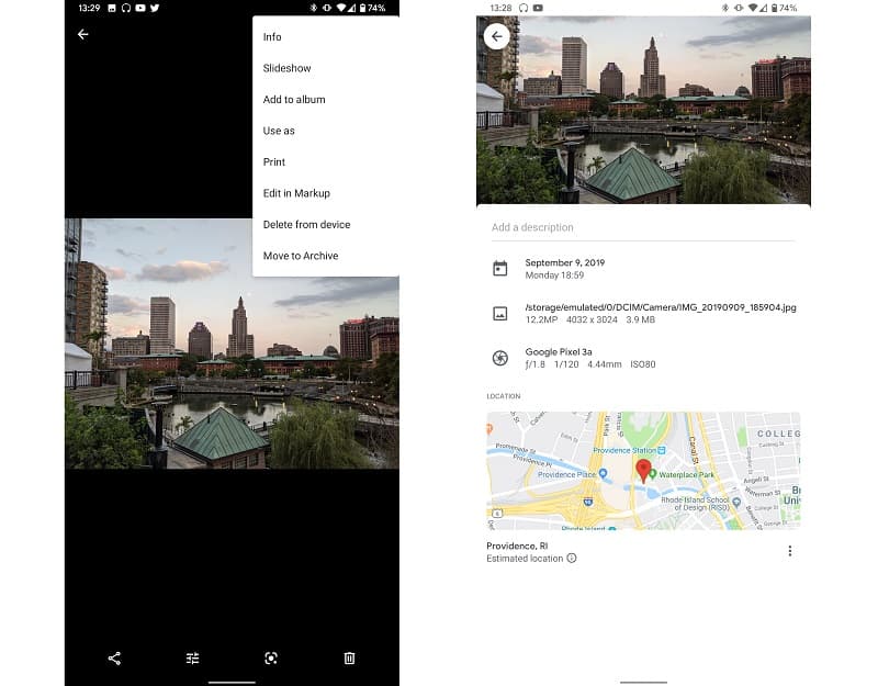 Captura de tela dos menus do Google Fotos.