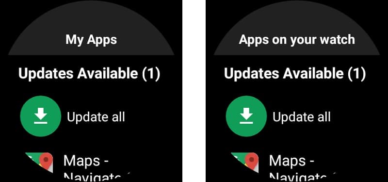 Comparativo da versão antiga e da atual dos aplicativos da Play Store no Wear OS.