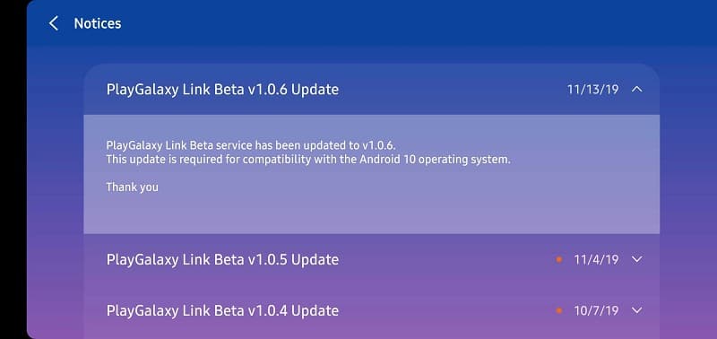 Captura de tela da atualização mais recente disponibilizada pela Samsung ao PlayGalaxy Link.