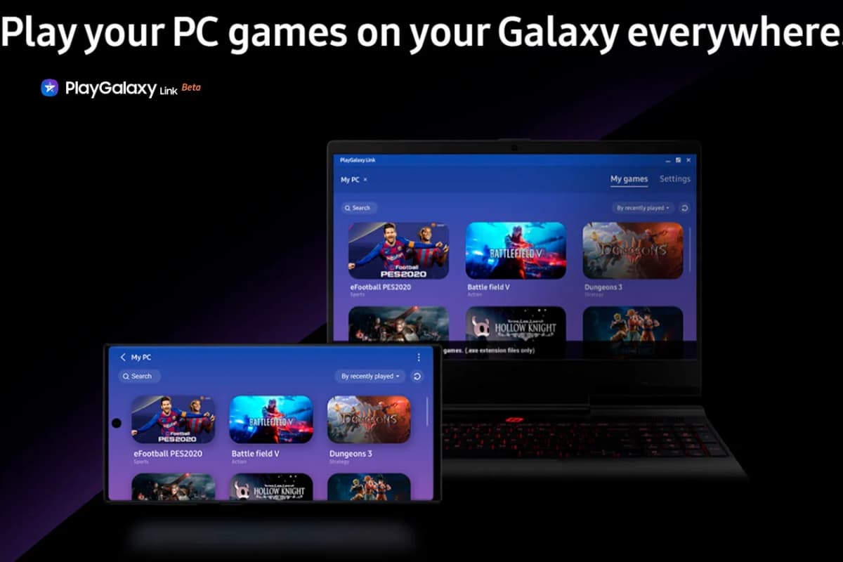 PlayGalaxy Link em um computador e em um Galaxy Note 10.