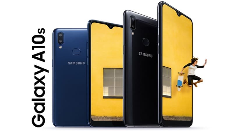 Galaxy A10s nas cores preto e azul, imagem promocional da Samsung.