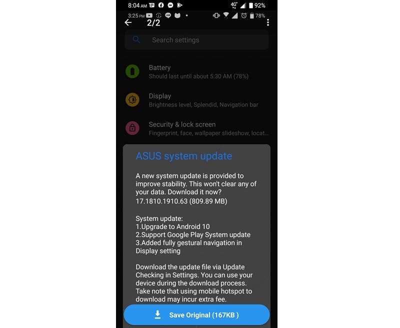 Captura de tela do update para o Android 10 no ASUS Zenfone 6.