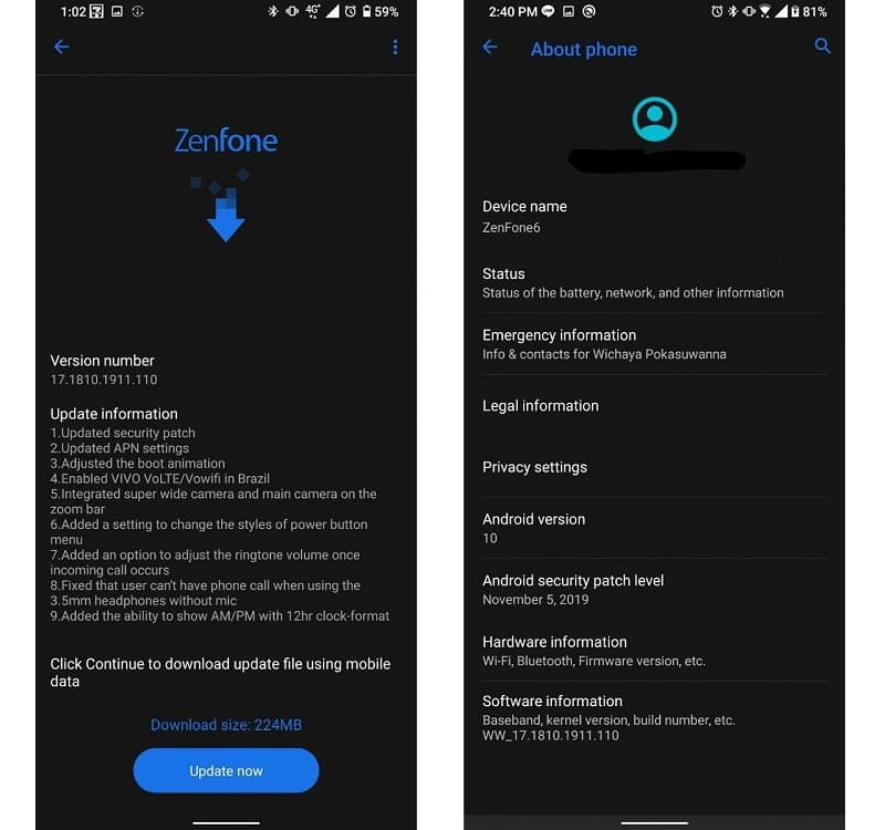 Captura de tela da atualização de novembro do ASUS Zenfone 6.