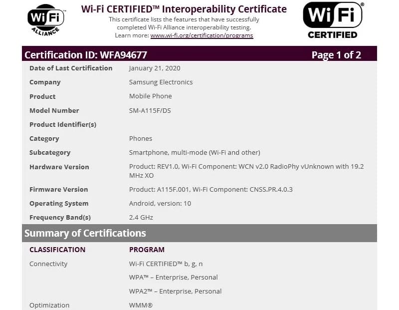 Captura de tela da certificação do Samsung Galaxy A11 no Wi-Fi Alliance.