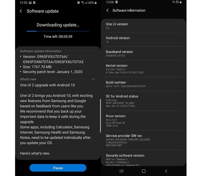 Captura de tela da atualização estável do Android 10 no Galaxy S9 e S9 Plus.