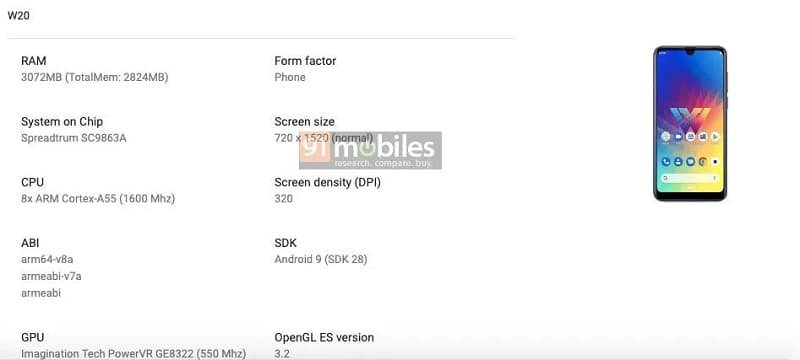 Captura de tela das especificações do LG W20 no Google Play Console.