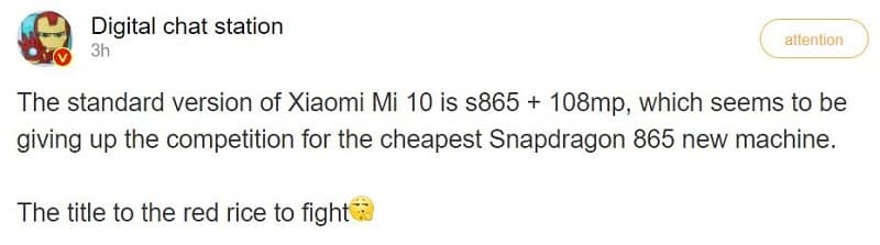 Captura de tela dos novos rumores sobre o Xiaomi Mi 10.