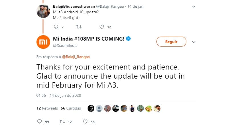 Captura de tela da postagem da Xiaomi sobre o Android 10 no Mi A3.