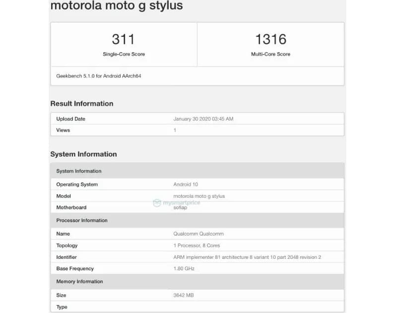 Captura de tela do benchmark do Moto G Stylus.