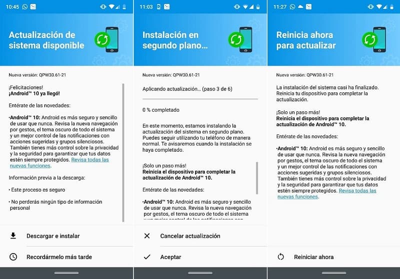 Captura de tela atualização do Moto G7 Plus para o Android 10.