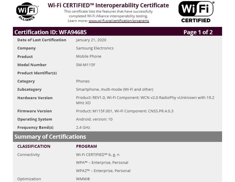 Certificação Wi-Fi Alliance do Galaxy M11.