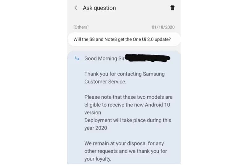 Captura de tela da conversa em que o representante da Samsung alega que o Galaxy S8 e o Note 8 receberão Android 10, em inglês.