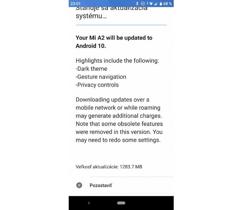 Captura de tela atualização do Xiaomi Mi A2 para o Android 10.