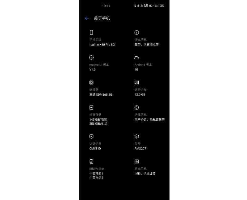 Captura de tela das especificações do Realme X50 Pro 5G.