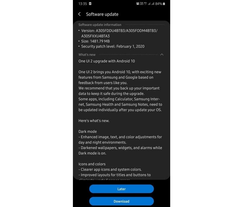 Captura de tela da atualização do Android 10 para o Galaxy A30.