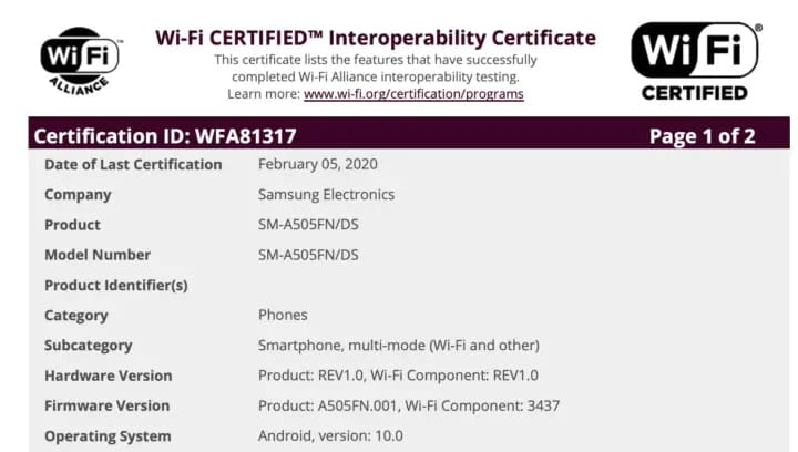 galaxy a50 android 10 certificacao wifi alliance