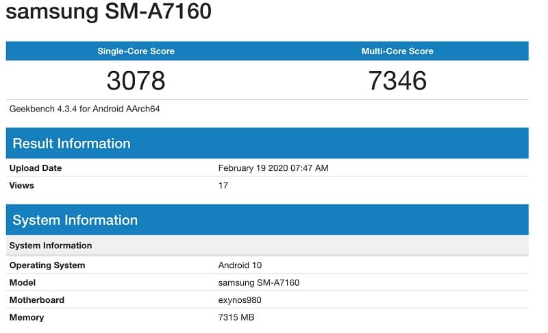 Teste de benchmark do Galaxy A71 5G.