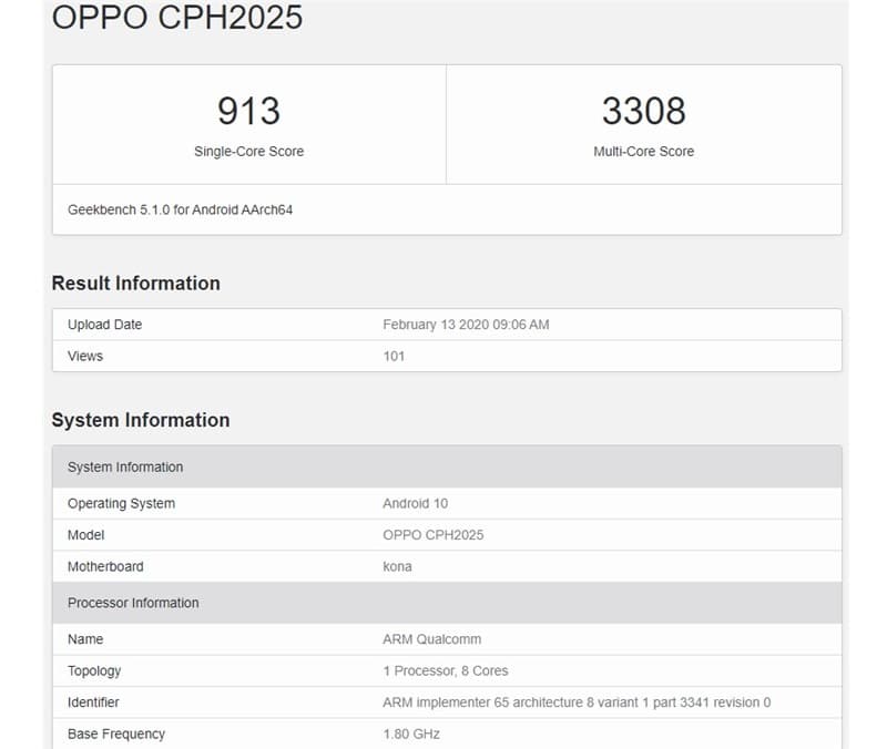 Captura de tela do teste de benchmark do Oppo Find X2 Pro.