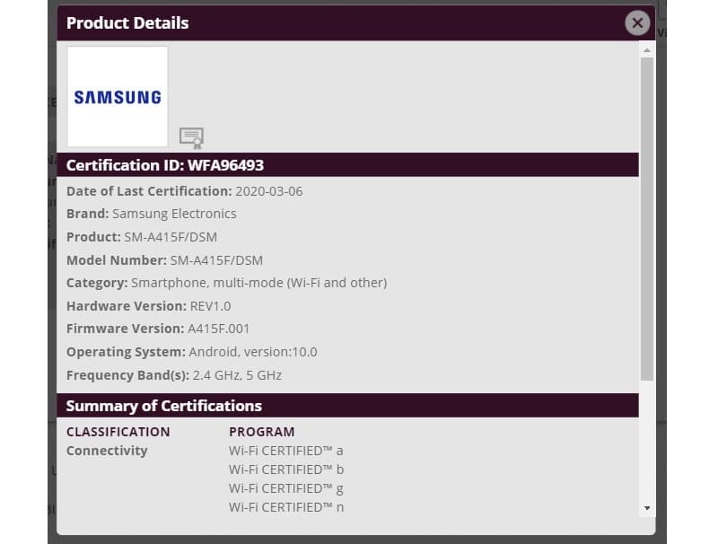 Captura de tela certificação do Galaxy A41 no Wi-Fi Alliance.