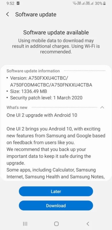 galaxy a7 2018 android 10 changelog inicial