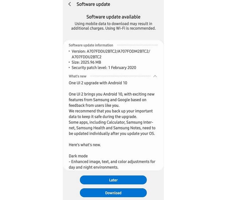 Captura de tela atualização para o Android 10 no Galaxy A70s.