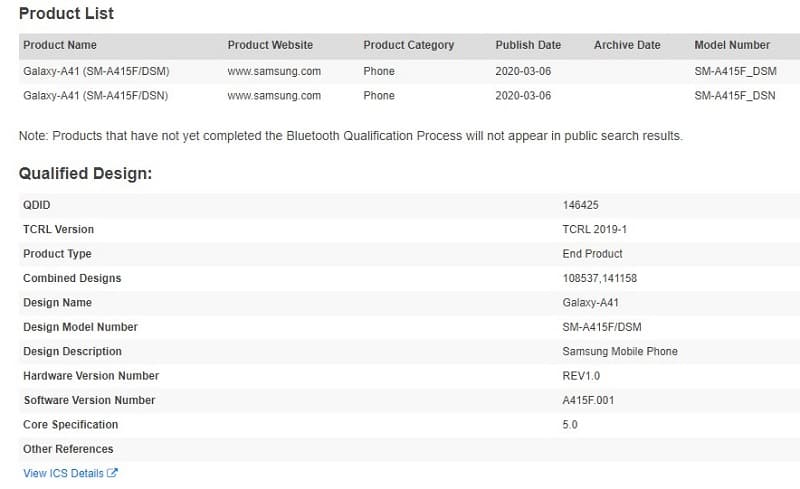 Captura de tela certificação do Galaxy A41 no Bluetooth SIG.