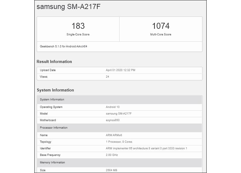 Benchmark do suposto Galaxy A21s.