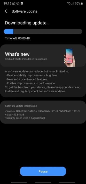 Captura de tela Galaxy Note 20 update.