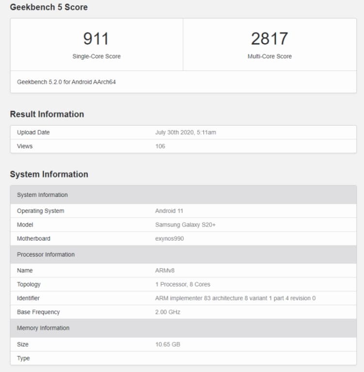 galaxy s20 plus geekbench atualizacao