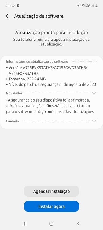 Captura de tela changelog patch agosto de 2020 Galaxy A71 Brasil.