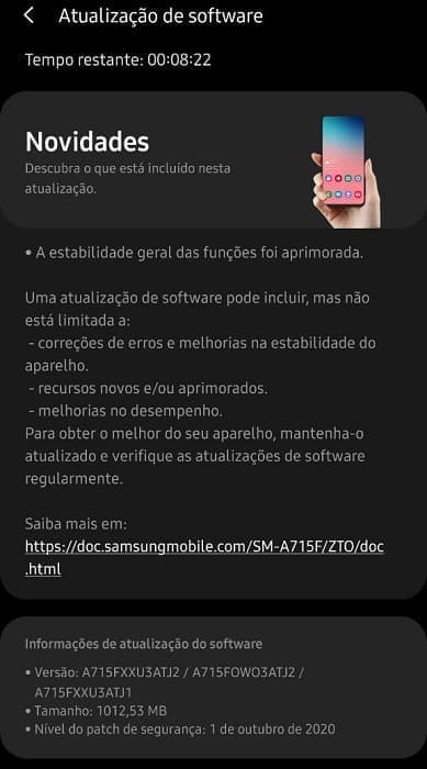 Atualização Galaxy A71 no Brasil.
