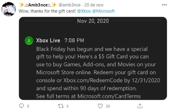 Xbox distribui gift card gratuitos.