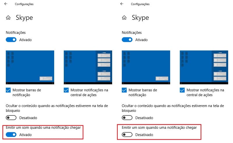 Desativando o som das notificações no Windows 10.