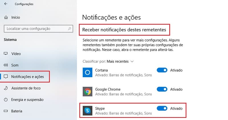 Notificações e ações.